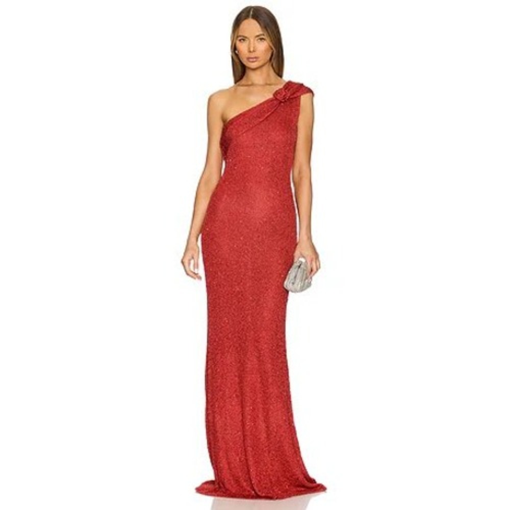 Runaway The Label Maxi Dress Red One Shoulder Rosette Metallic Knit Gown